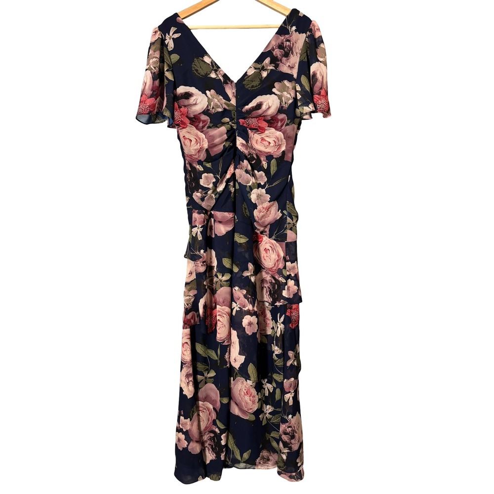 Xscape Women 12 Navy Blue Floral Chiffon Ruched Tiered Ruffle Gown 4959X - Picture 8 of 8
